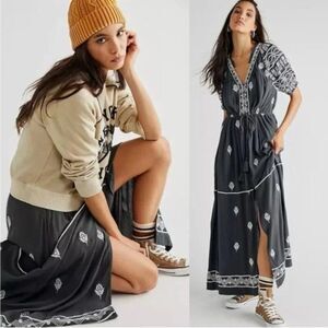 Free People Riley Embroidered Flowy Maxi Midi Dress Duster (Grey) V neck XS